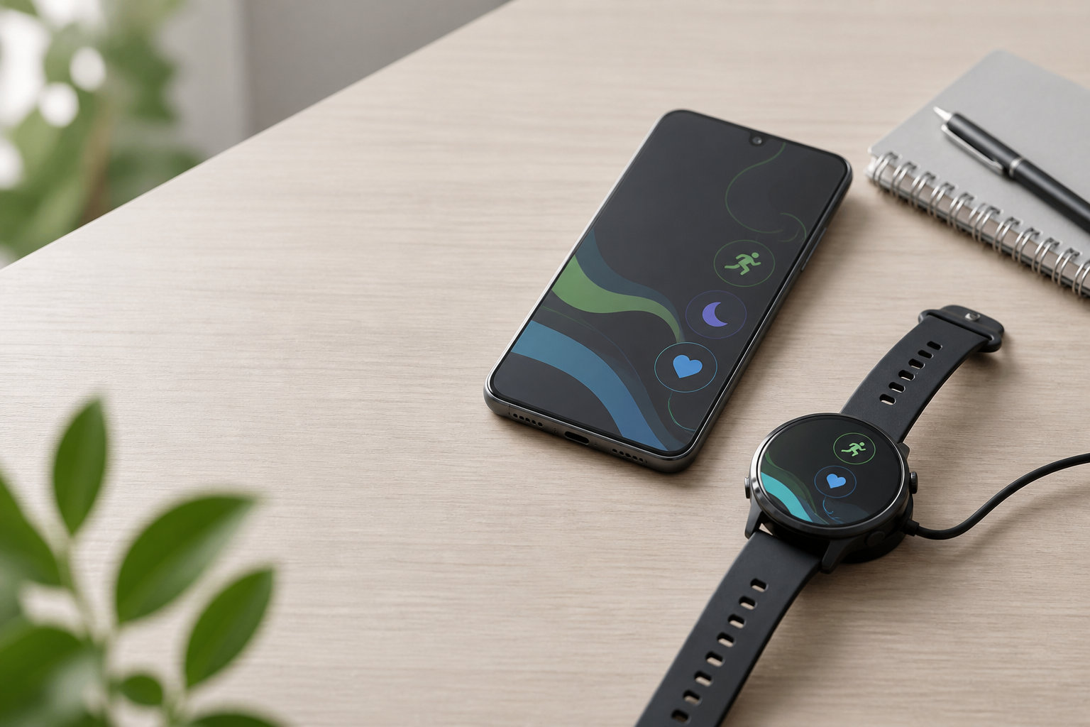 スマートウォッチとスマートフォンを並べ、連携や機能を確認するイメージ