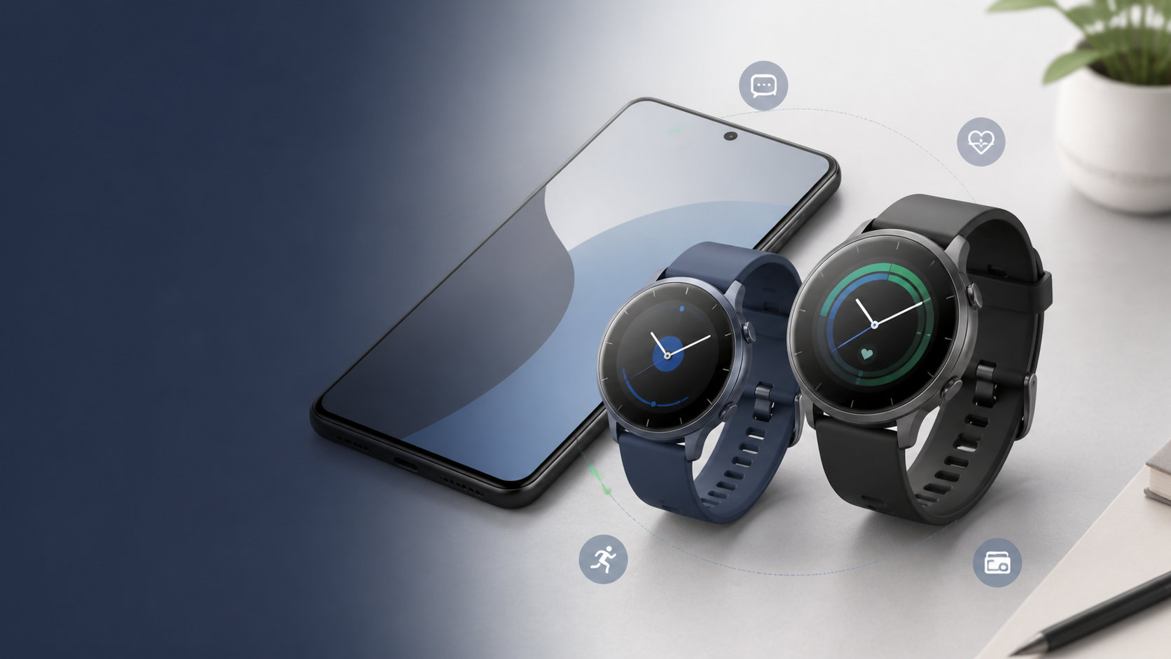 Androidスマホと2台のスマートウォッチを並べ、通知や健康管理などの選択肢を示すイメージ