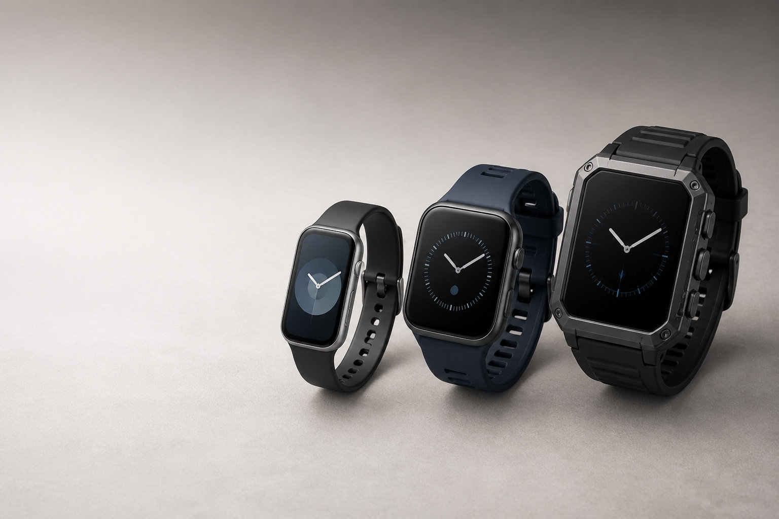 サイズと用途の異なる3台のスマートウォッチを並べたApple Watchのモデル比較イメージ
