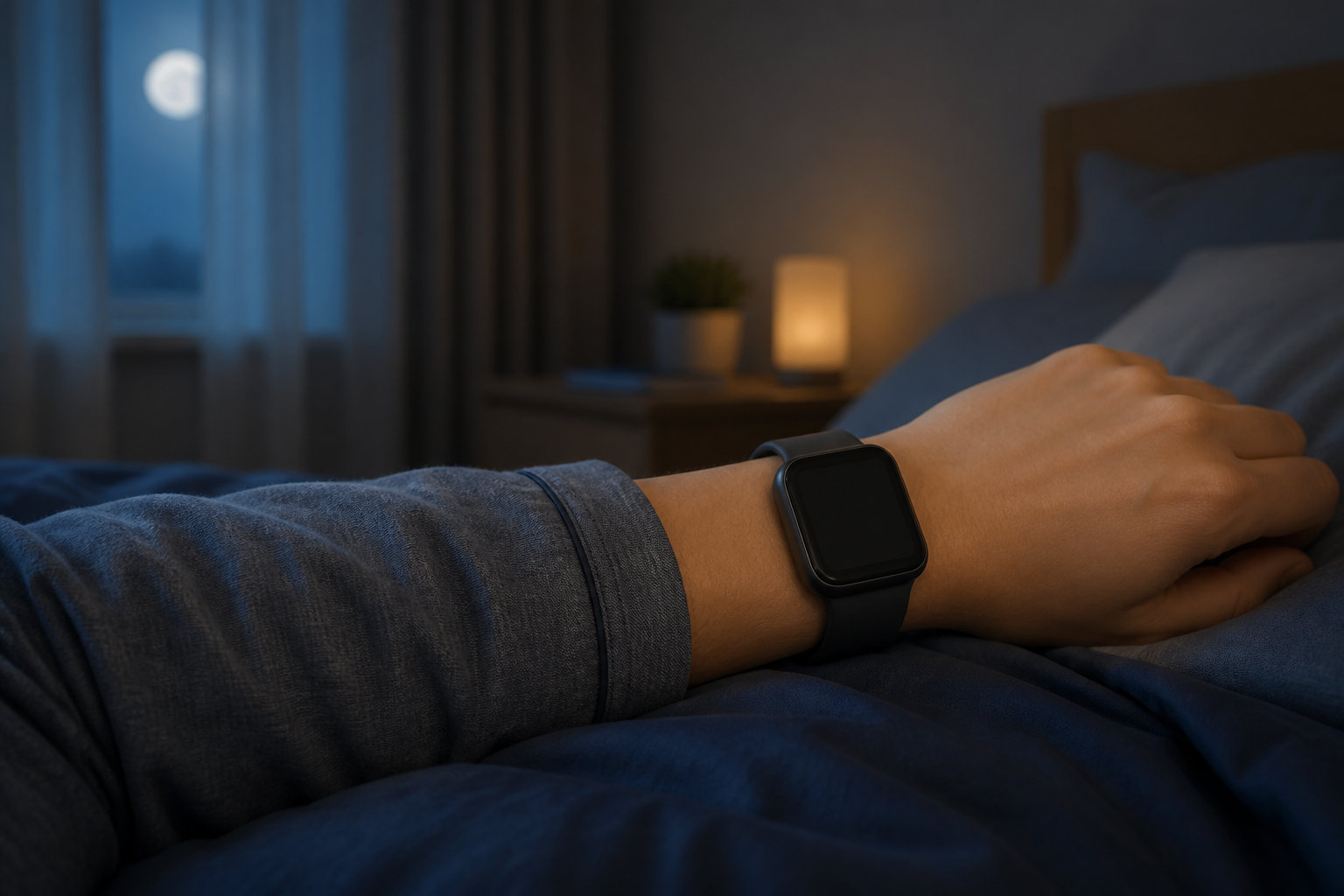睡眠中に手首へスマートウォッチを装着しているイメージ