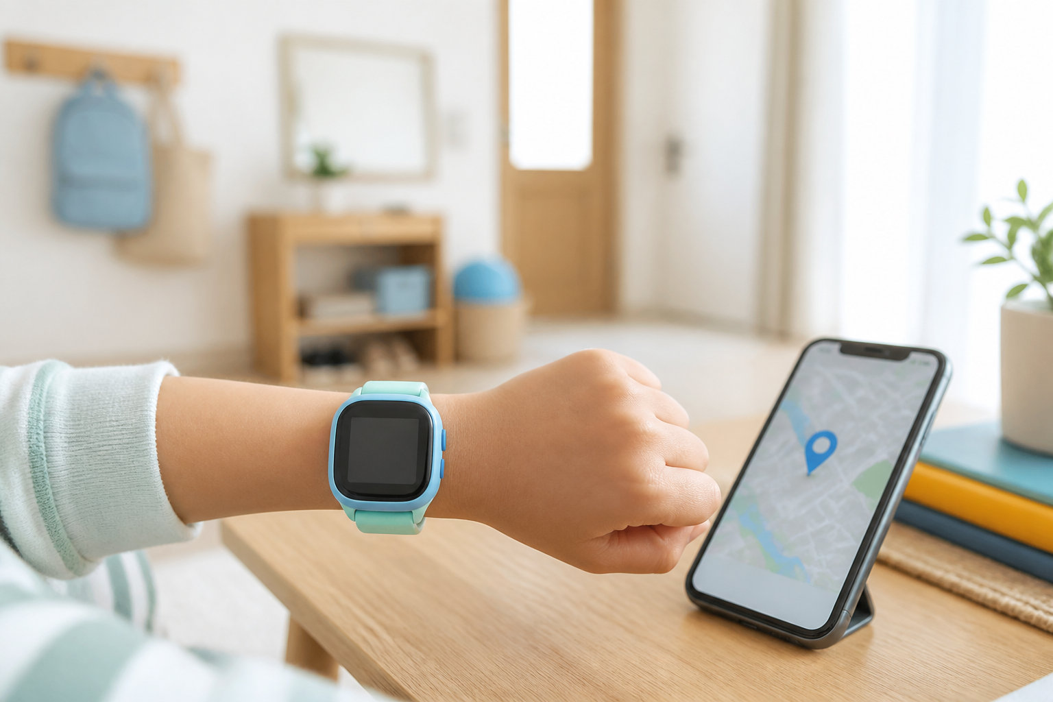 子ども用スマートウォッチと保護者のスマートフォンを確認する見守りのイメージ