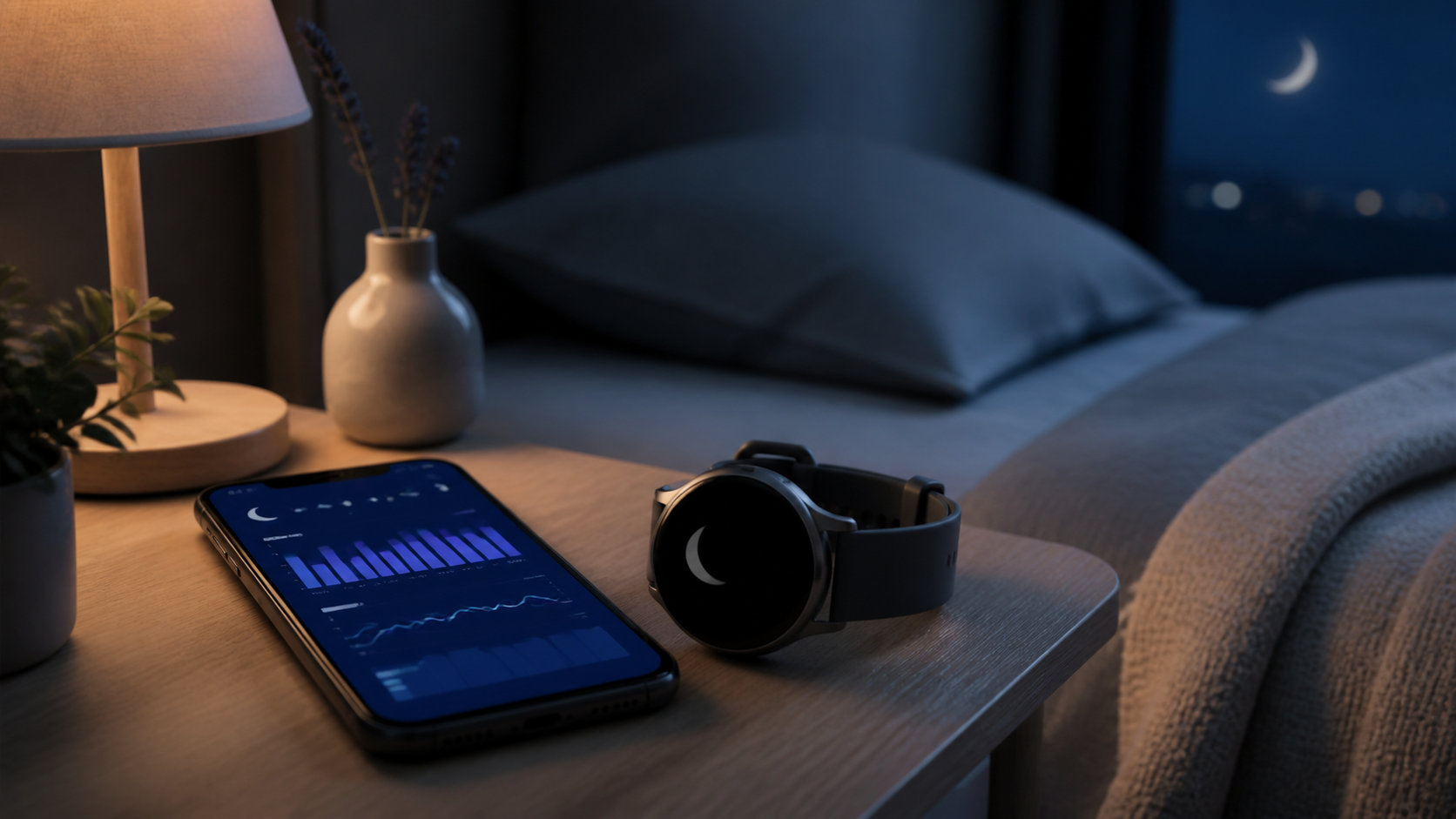 夜のベッドサイドでスマートウォッチと睡眠記録を確認するイメージ