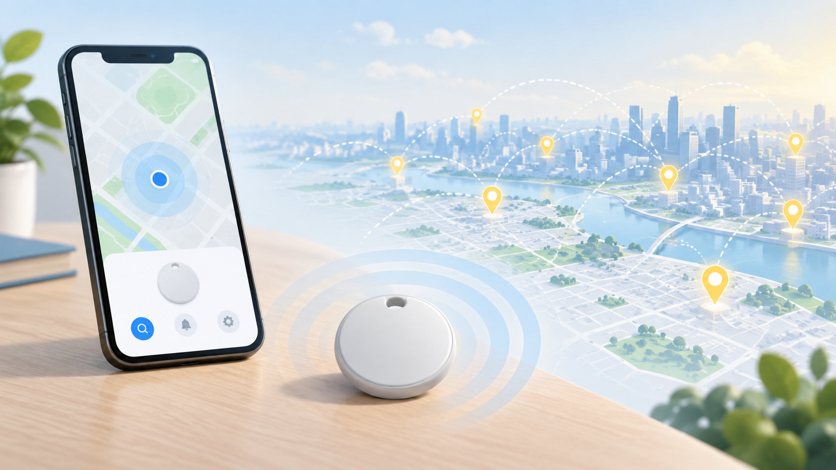 近距離のBluetooth検出と遠距離の位置更新を表すスマートタグとスマートフォンのイラスト