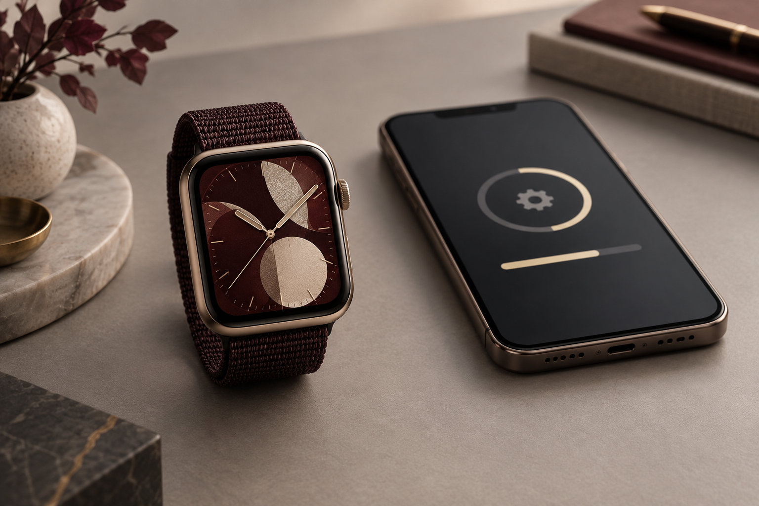 Apple Watchの文字盤アップデートをイメージしたスマートウォッチとスマートフォン