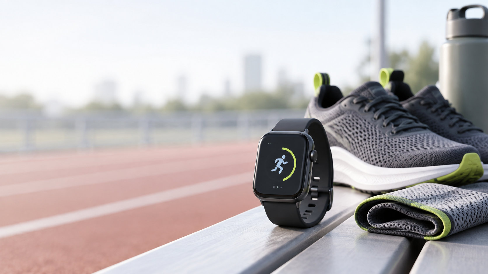 ランニングシューズとスポーツ用スマートウォッチを並べたイメージ