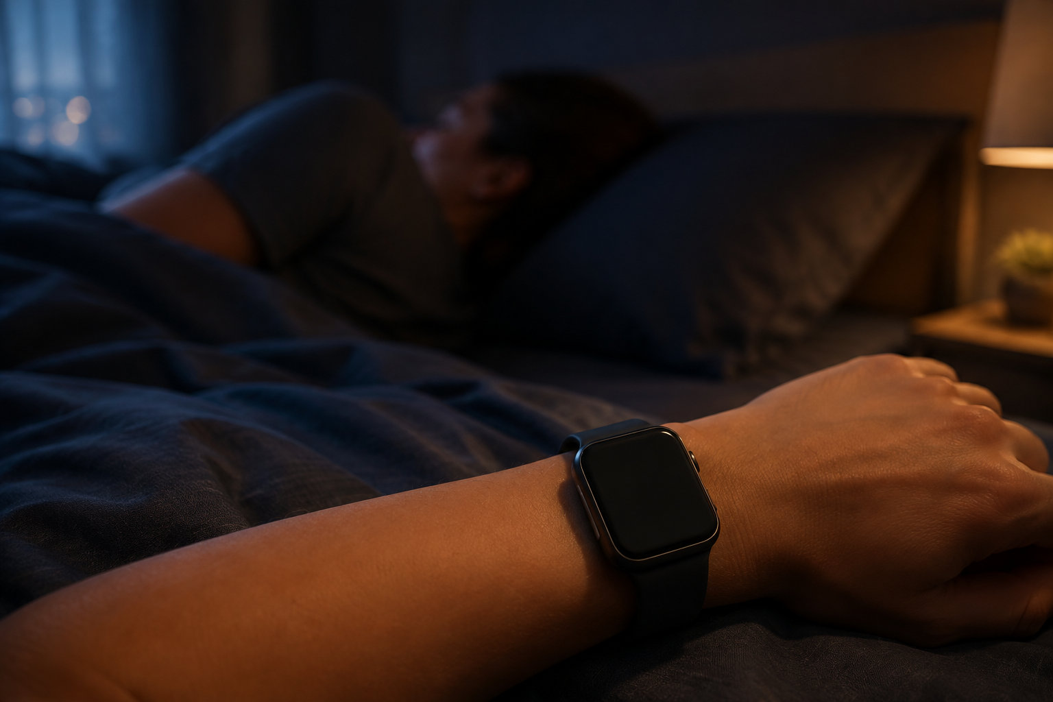睡眠中の手首に装着したスマートウォッチ