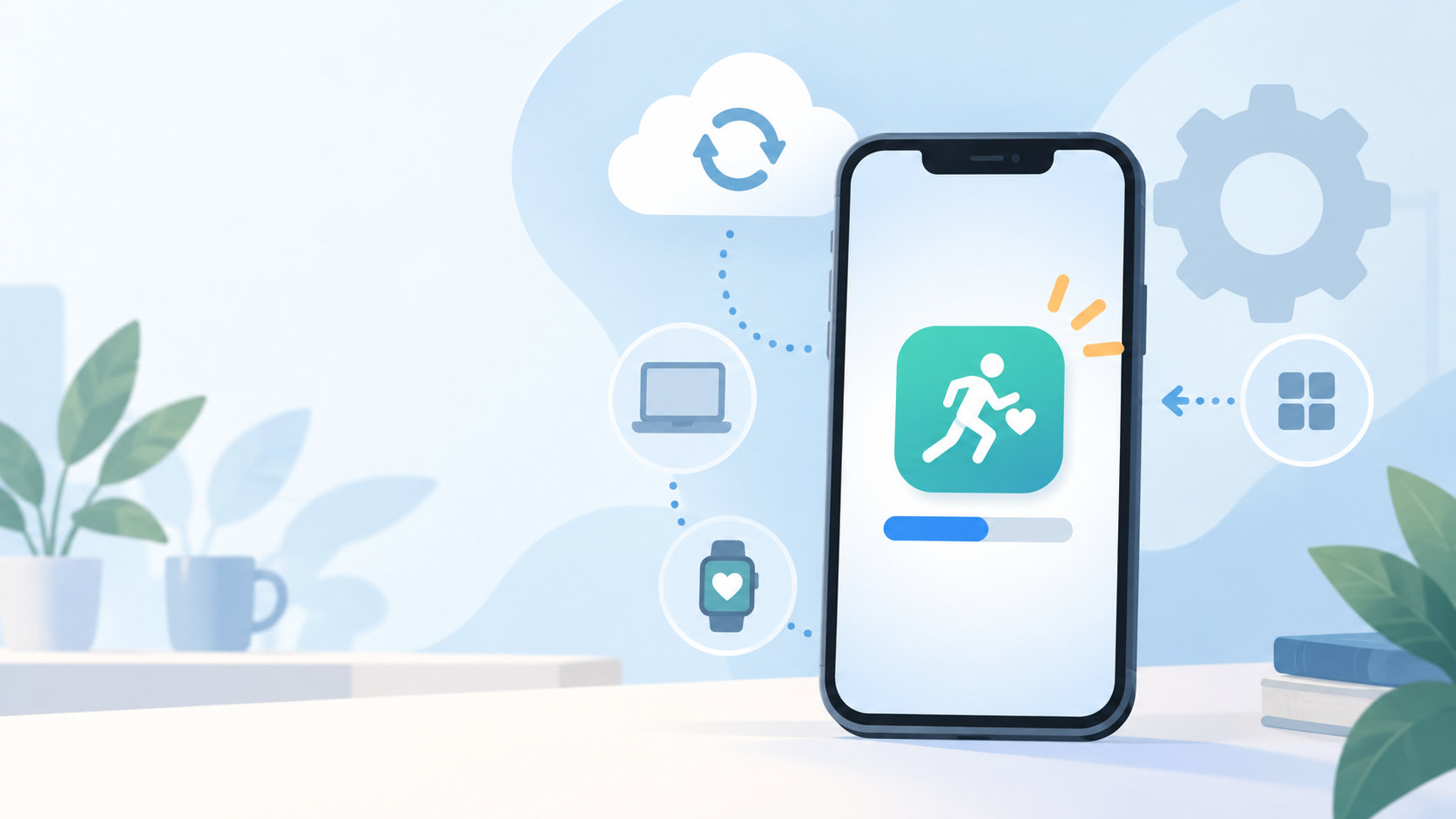 スマートフォンとクラウド同期を表す健康アプリのイラスト