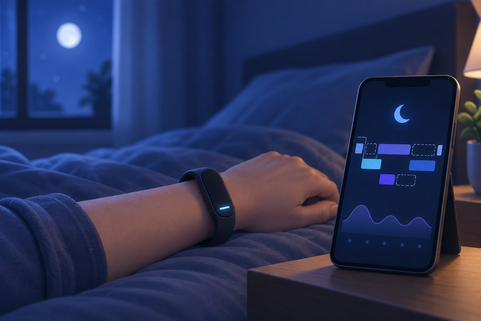 夜間にスマートバンドを着けた腕と睡眠データを表示するスマートフォンのイメージ