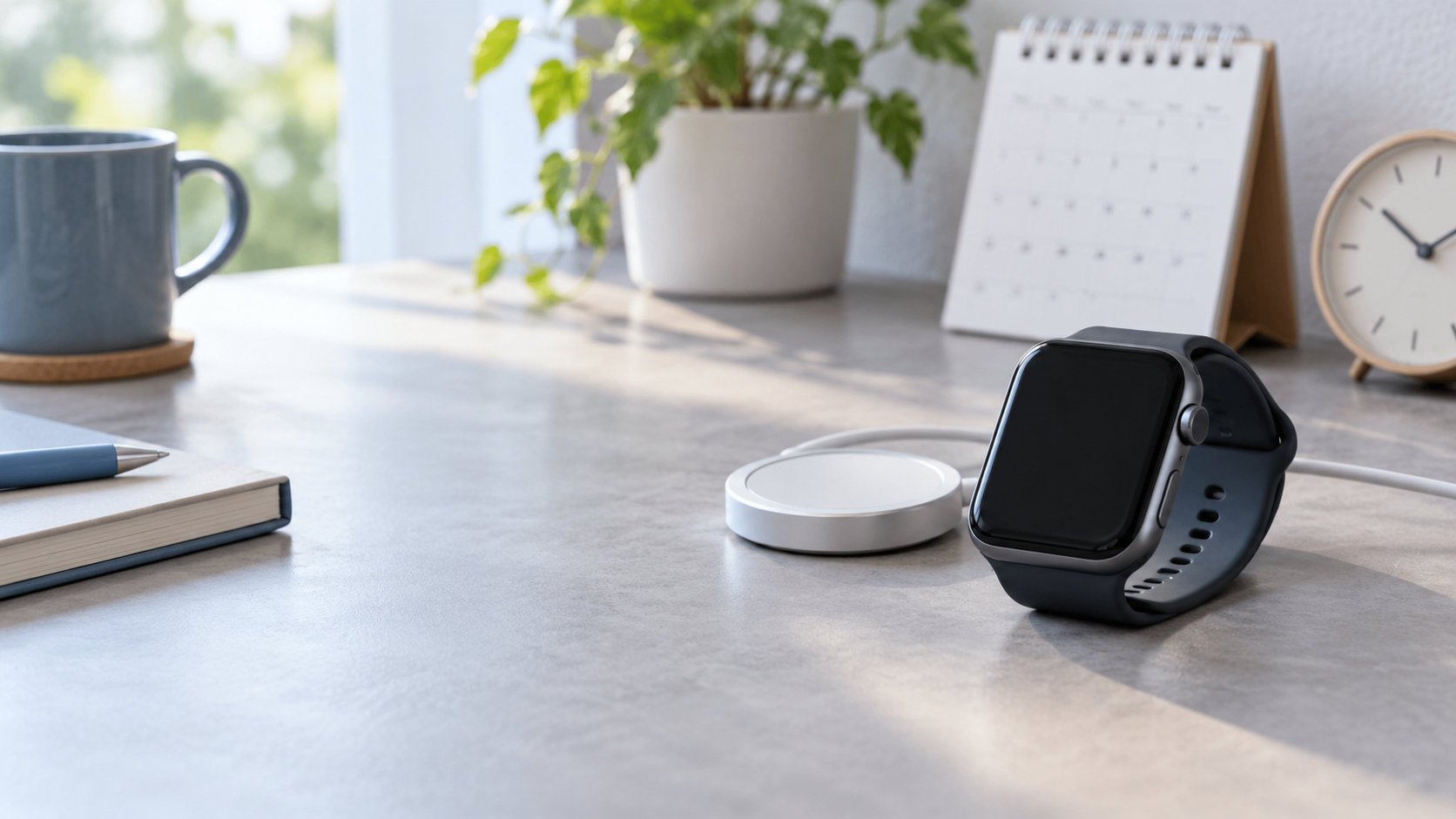 充電器のそばに置かれたスマートウォッチと日常の机