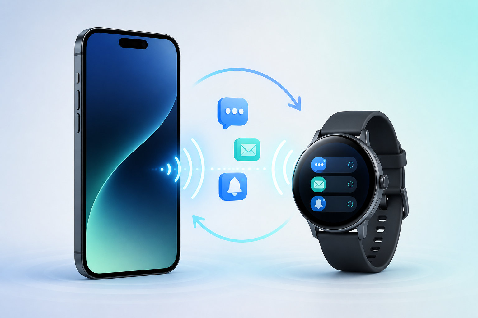 iPhoneとスマートウォッチがワイヤレスでつながり通知を共有するイメージ