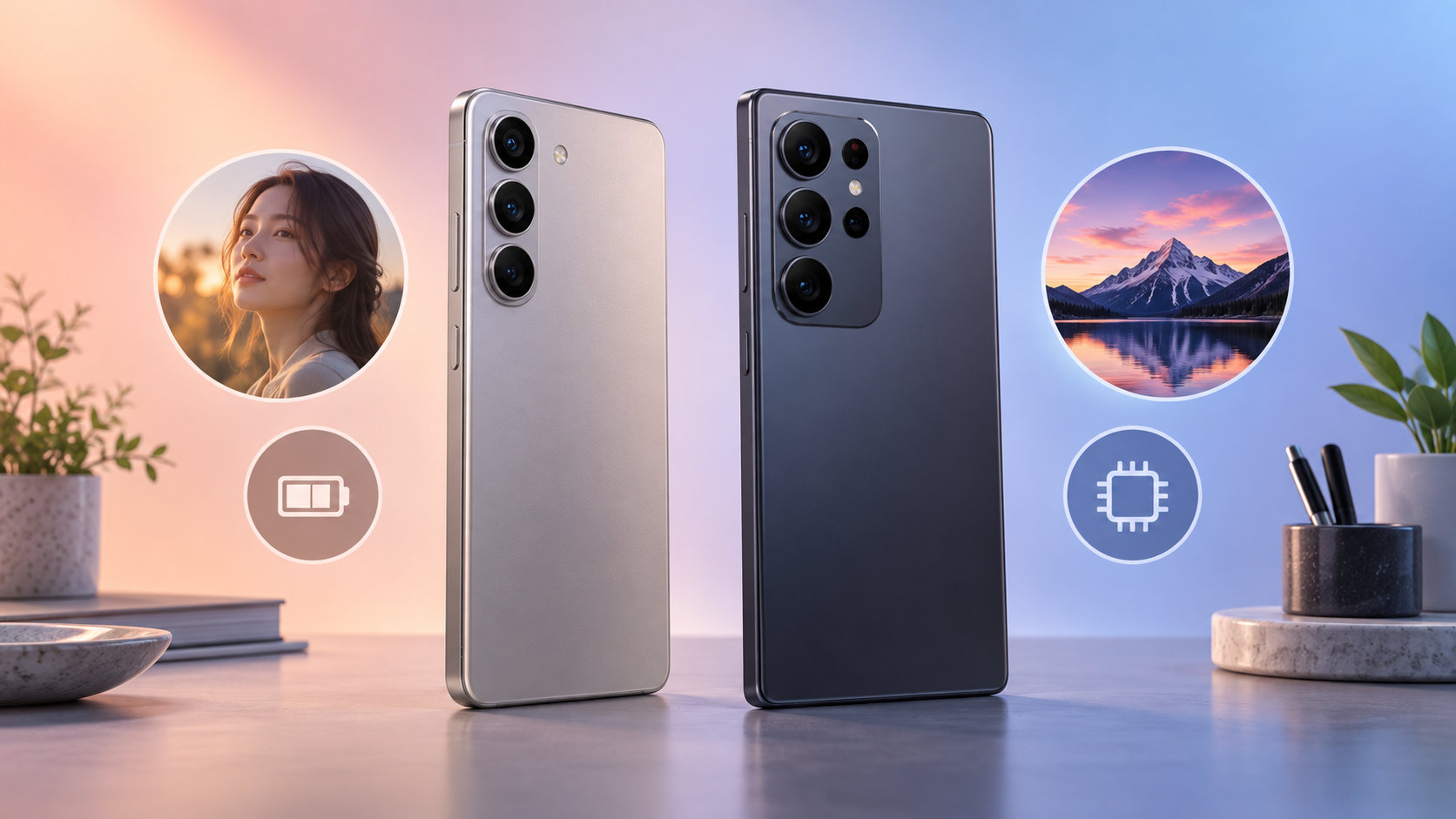 特徴の異なる2台のスマートフォンを並べてオッポとシャオミの選び方を表した比較イラスト
