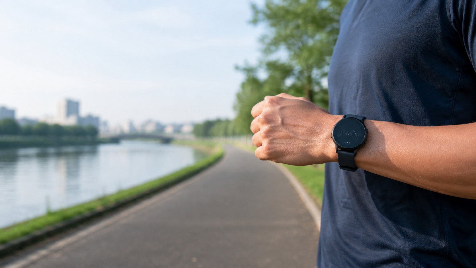 川沿いを走る人の腕に一般的なスマートウォッチが見えるランニングのイメージ