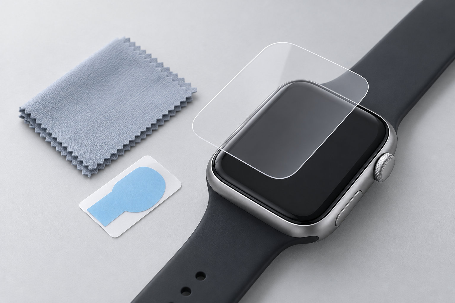 一般的なスマートウォッチに透明な保護フィルムを合わせ、クロスとホコリ取り用品を並べたイメージ