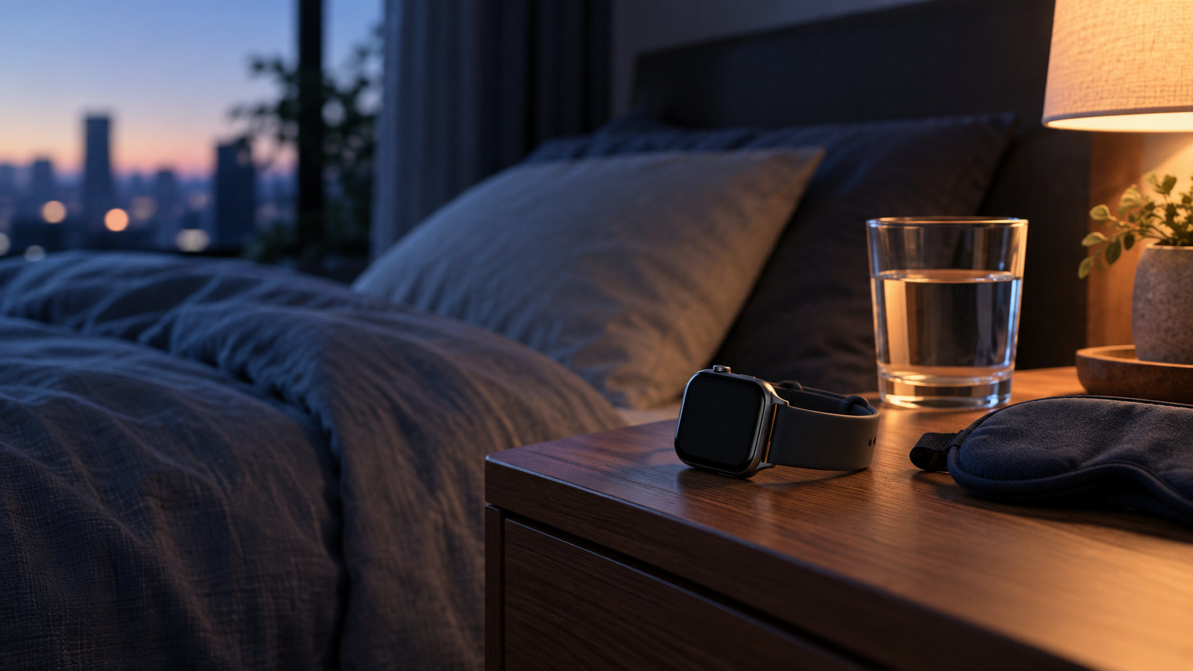 夜のベッドサイドに置かれたスマートウォッチと睡眠用アイマスク