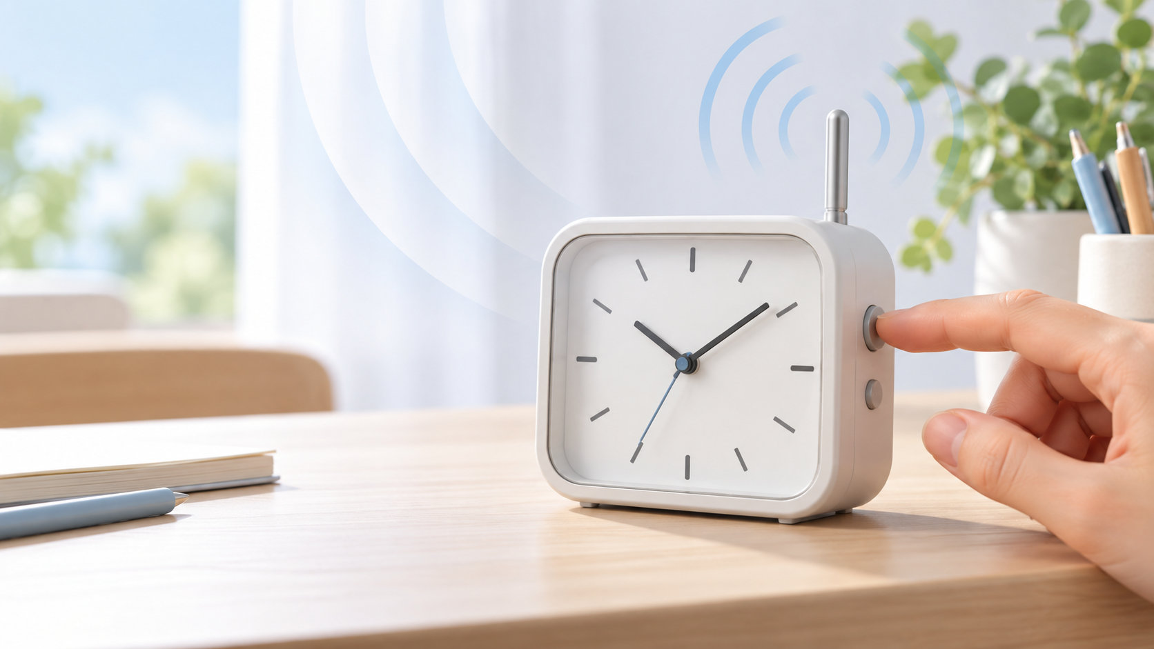 窓際で電波を受信させながら時刻を合わせる一般的な置時計