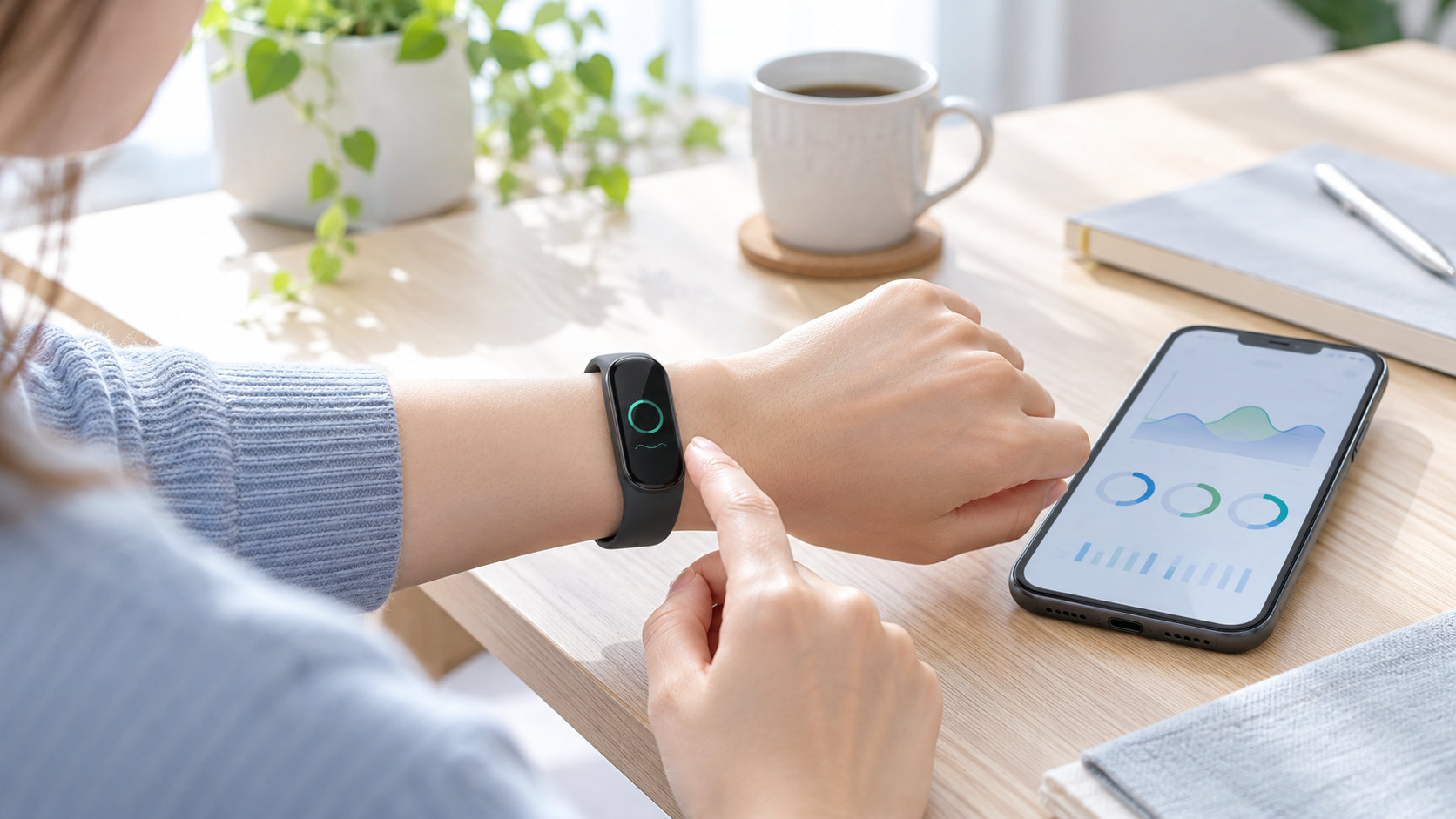 スマートバンドとスマートフォンで健康データを確認するイメージ