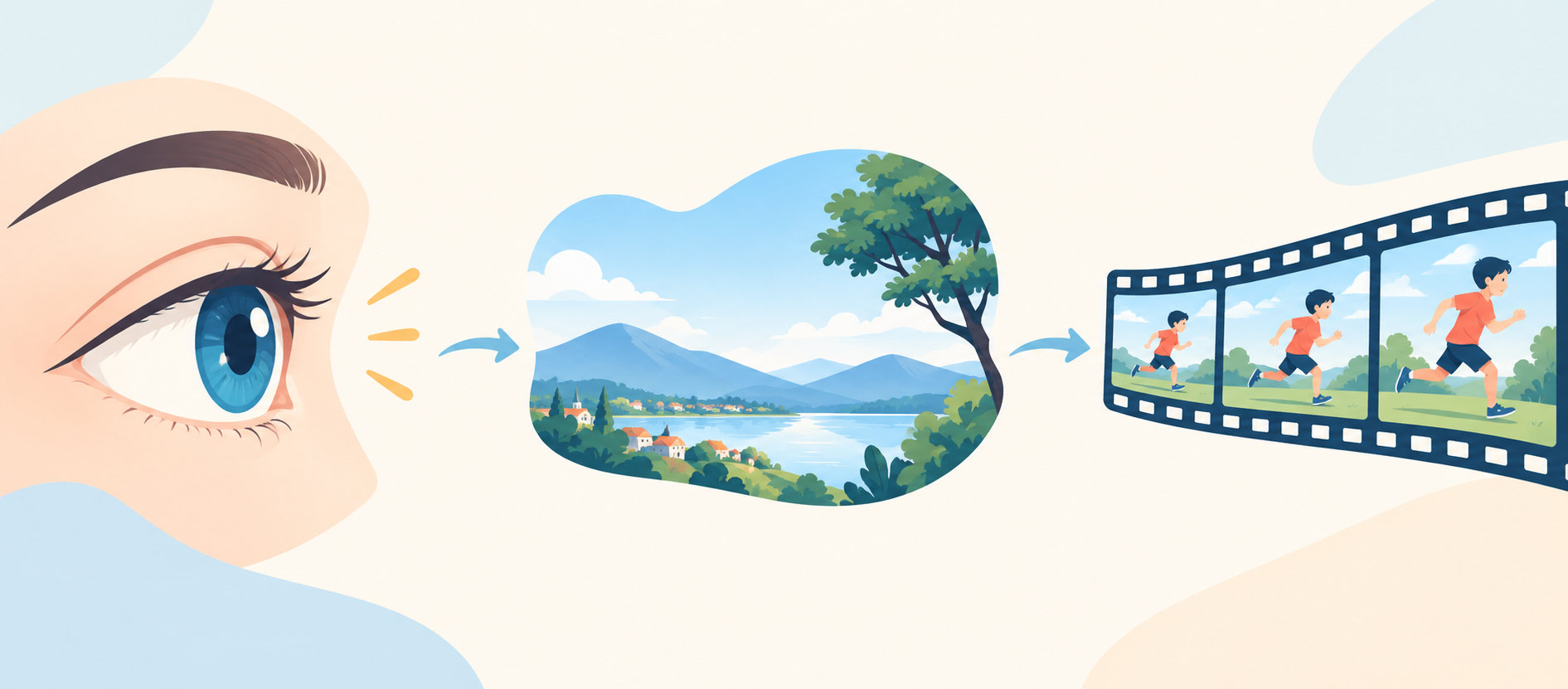 look・see・watchの違いを表す目と風景と動きのイラスト