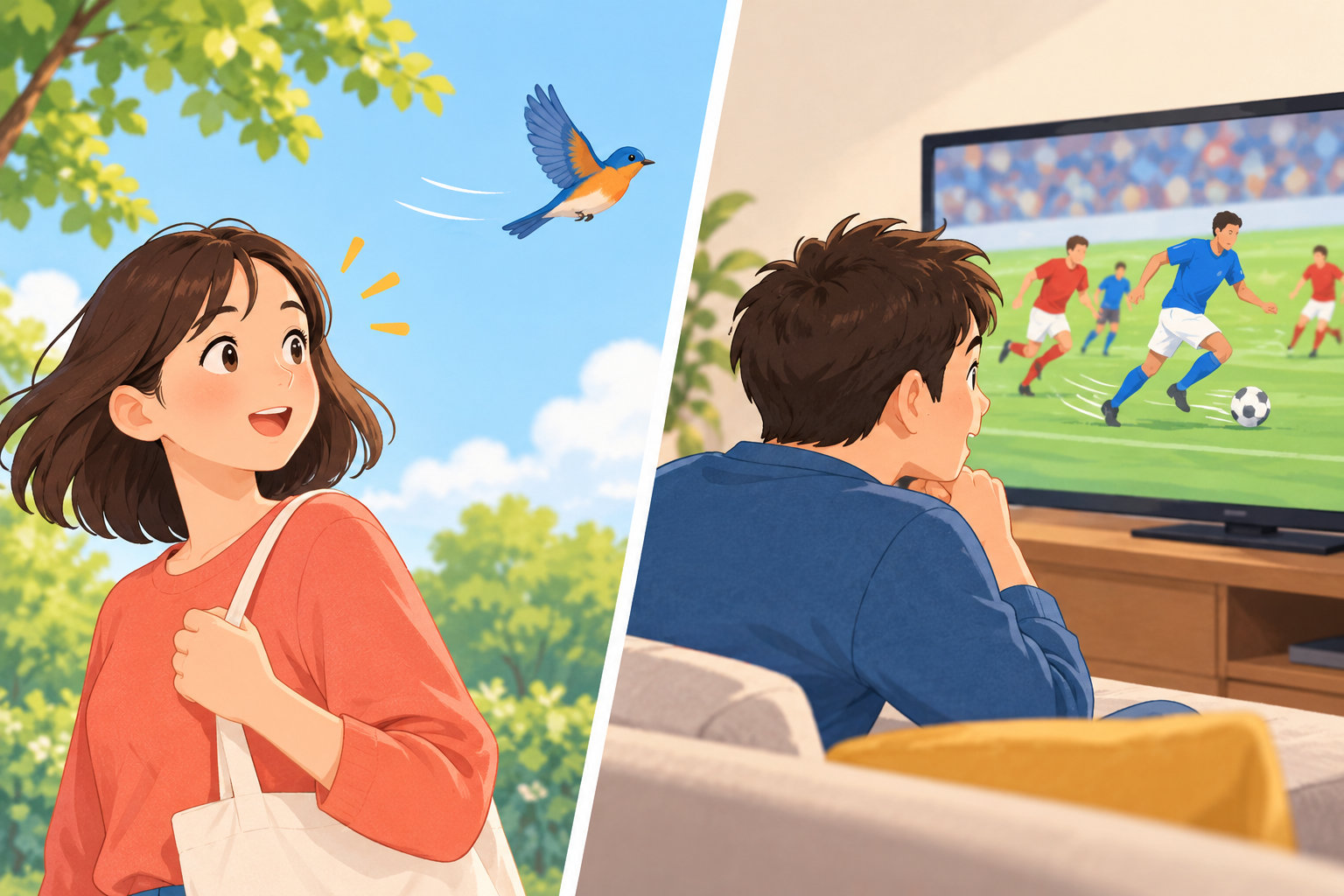 英語のseeとwatchの違いを表す、鳥に気づく人とサッカーを見続ける人のイラスト