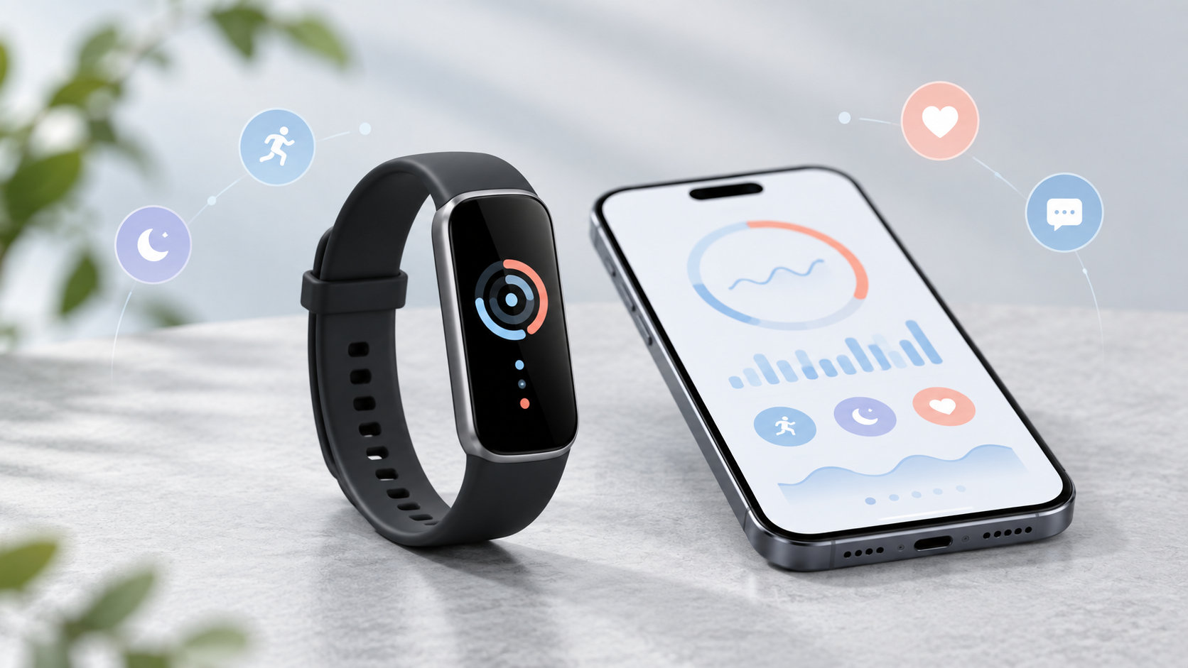 スマートバンドとスマートフォンで健康や通知を確認するイメージ