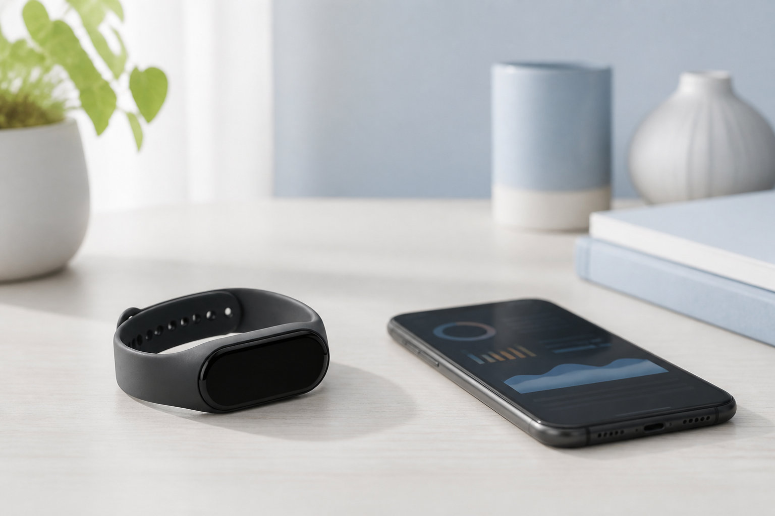 スマートバンドとスマートフォンを並べた通知・健康記録・アプリ連携のイメージ