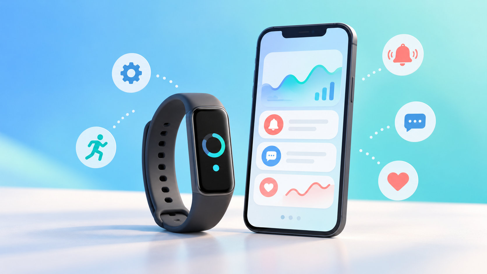 スマートバンドとスマートフォンで初期設定や通知、健康記録を確認するイメージ